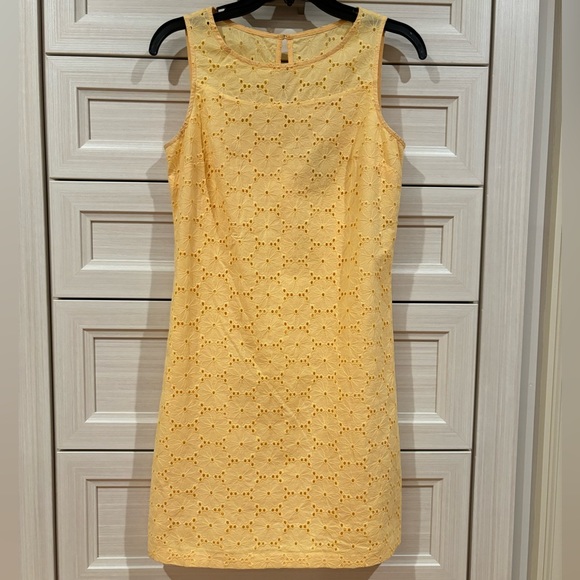 Butter Yellow White House | Black Market Eyelet Embroidered Floral Sheath Dress - Picture 1 of 11